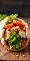 Delicious chicken wrap filled with fresh vegetables and herbs in a cozy setting photo