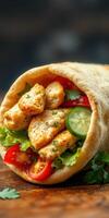 Delicious grilled chicken wrap filled with fresh vegetables and herbs served on a rustic wooden table photo