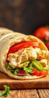 Fresh chicken wrap with vegetables served on a wooden board in a rustic setting photo