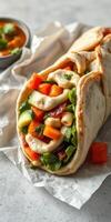 Freshly made wrap filled with colorful vegetables and creamy sauce served on a rustic table photo