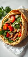 Freshly wrapped falafel wrap with colorful vegetables and green sauce served on a white surface photo