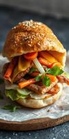 Delicious pork sandwich with colorful vegetables and herbs prepared on a wooden plate in vibrant lighting photo