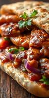 Delicious flatbread sandwich filled with spicy grilled chicken and fresh vegetables served on a rustic wooden table photo