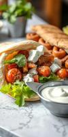 Fresh pita filled with grilled chicken, lettuce, tomatoes, and herb sauce on a table photo