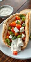 Fresh pita wraps with diced vegetables and creamy dressing served on a white plate photo