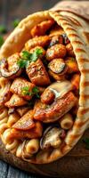 Tender chicken and mushrooms served in warm pita bread with fresh herbs for a delicious meal photo