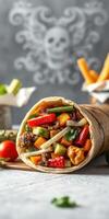 Colorful wrap filled with fresh vegetables and seasoned meat served on a rustic table photo