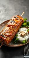 Deliciously grilled kebab served with tangy yogurt sauce and fresh herbs on a rustic plate photo