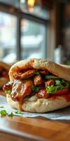 Delicious and hearty sandwich filled with grilled chicken, fresh vegetables, and savory sauce on a wooden table photo
