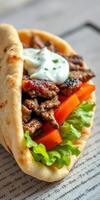 Delicious grilled meat wrap with fresh vegetables and sauce served on soft flatbread photo