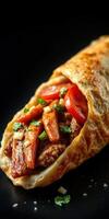 Delicious wrap filled with grilled meat and fresh vegetables served on a dark background photo