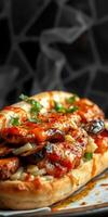 Delicious spicy sandwich topped with grilled vegetables and sauce served on a plate photo