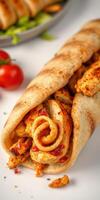 Flavorful grilled chicken wrap with fresh ingredients and vibrant cherry tomatoes photo