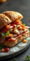 Delicious sandwich filled with savory meat and fresh vegetables on a rustic table photo