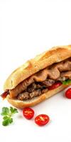 Delicious sandwich with savory filling, fresh ingredients, and vibrant colors on a clean background photo
