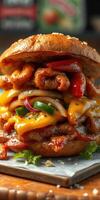 Juicy barbecue chicken sandwich stacked high with melted cheese and colorful vegetables photo
