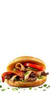 Savory sandwich with seasoned meat, fresh vegetables, and soft bread on a white background photo
