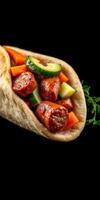Delicious wrap filled with spicy sausage and fresh vegetables prepared for a flavorful meal experience photo