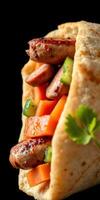 Grilled sausages with fresh vegetables wrapped in warm flatbread at a food stall photo