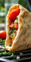 Delicious wrap filled with fresh vegetables and herbs beside a grill at an outdoor setting on a sunny day photo