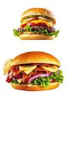 Two gourmet burgers served with fresh ingredients and vibrant toppings in a clean presentation photo
