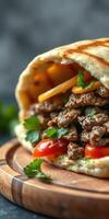 Delicious beef wrap filled with fresh vegetables, served on a wooden platter with herbs photo
