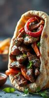Delicious pita filled with grilled meat and vegetables served in a vibrant setting photo
