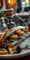 Delicious sandwich with grilled meat and toppings served with fries in a cozy restaurant setting photo