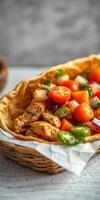Fresh grilled chicken salad served in a rustic basket with colorful vegetables and herbs on a wooden table photo