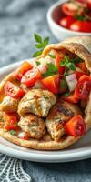 Grilled chicken pita wrap with fresh vegetables served on a white plate photo