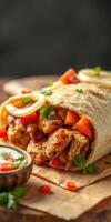 Savory chicken wrap with fresh vegetables and sauce served on a wooden table photo