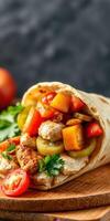 Delicious chicken wrap filled with fresh vegetables and herbs on a wooden plate in a cozy setting photo