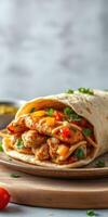 Delicious chicken wrap with fresh vegetables and herbs served on a wooden plate photo