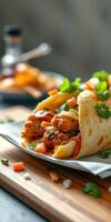 Delicious chicken fajitas wrapped in a soft tortilla garnished with fresh cilantro and diced tomatoes in a cozy setting photo