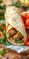Delicious wrap filled with flavorful meat, fresh vegetables, and herbs served on a wooden platter photo