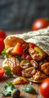 Delicious wrap filled with grilled chicken and fresh vegetables served on a rustic wooden table photo