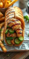 Grilled chicken wrap filled with cucumbers and herbs served with fries on a wooden table photo