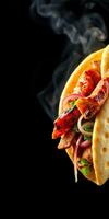 Delicious grilled meat wrapped in warm flatbread with fresh toppings and aromatic smoke rising in the background photo