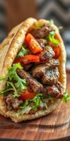Grilled meat wrap filled with fresh vegetables served on a wooden platter at a casual dining setting photo