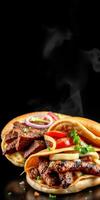 Savory grilled meat wraps filled with fresh vegetables in an appetizing presentation against a dark background photo