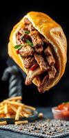 Delicious grilled meat wrapped in soft bread served with crispy fries at a restaurant during dinner time photo
