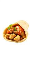 Delicious wrap filled with grilled chicken and flavorful sauce on a white background photo