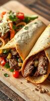 Delicious beef fajitas wrapped in tortillas with fresh vegetables, ready to enjoy for a hearty meal photo