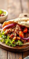 Delicious pita filled with tender meat, fresh vegetables, and vibrant sauces, served on a wooden table photo