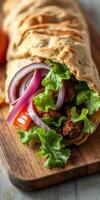 Freshly made wrap filled with savory ingredients and vibrant vegetables on a wooden board photo