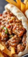 Savory meat wrap with fries served on a plate in a casual dining setting photo