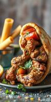Delicious pita filled with grilled meat, fresh vegetables, and sauces served with crispy fries photo