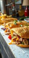 Delicious sandwich loaded with grilled meat and vegetables served on a table in a casual setting photo