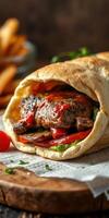 Delicious wrap filled with grilled meat, fresh vegetables, and sauces served with crispy fries on a wooden table photo