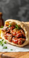 Delicious wrap filled with grilled meat and fresh herbs showcased on a wooden board in a cozy setting photo